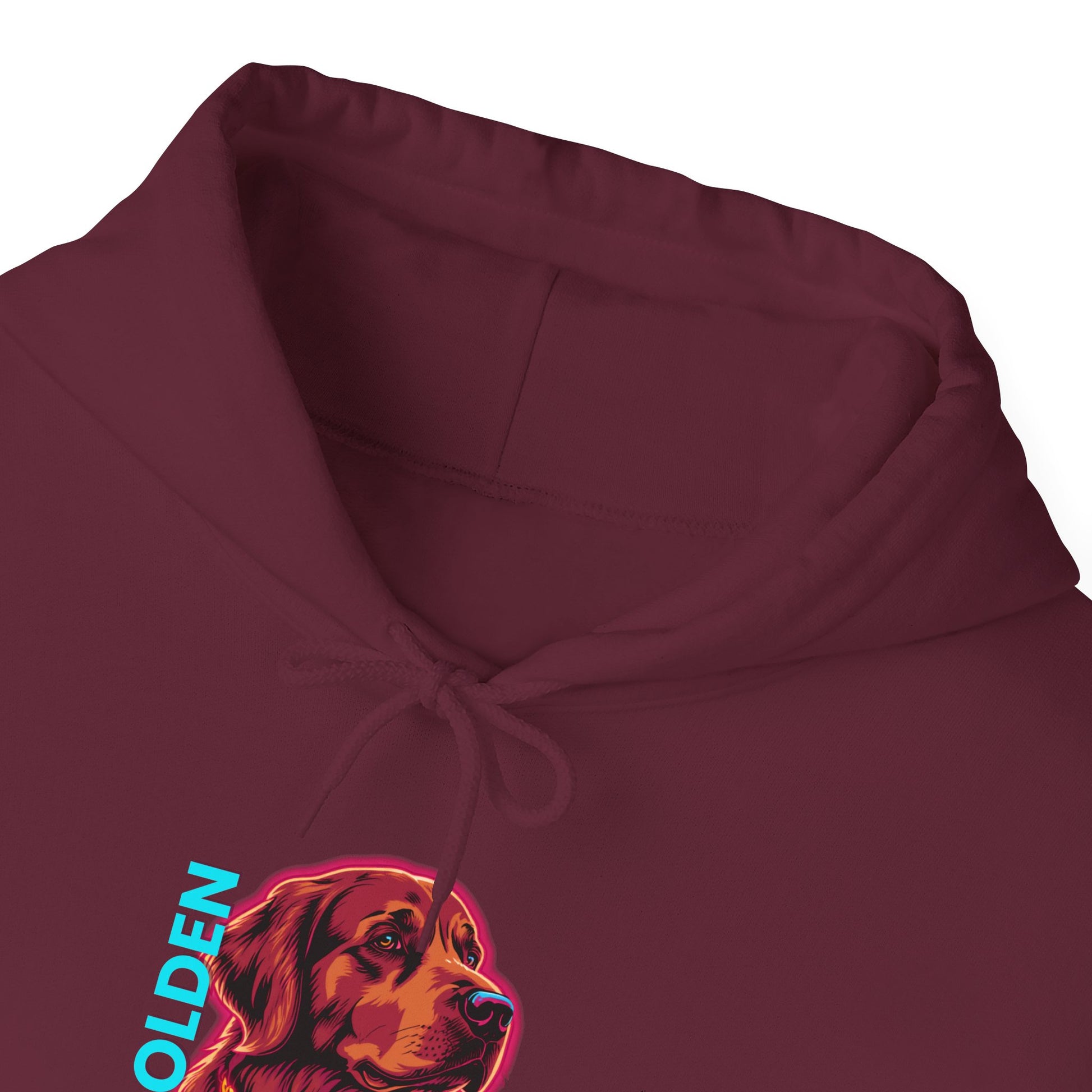 Amber neon Golden Retriever graphic with gold chain detail