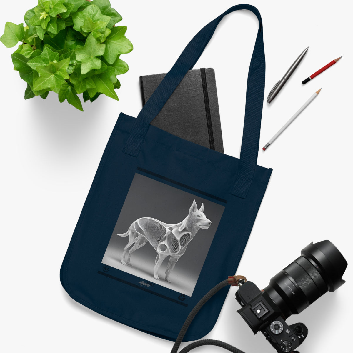 SniffWaggleNWalk™ eco dog tote bag shown in navy colourway with print detail