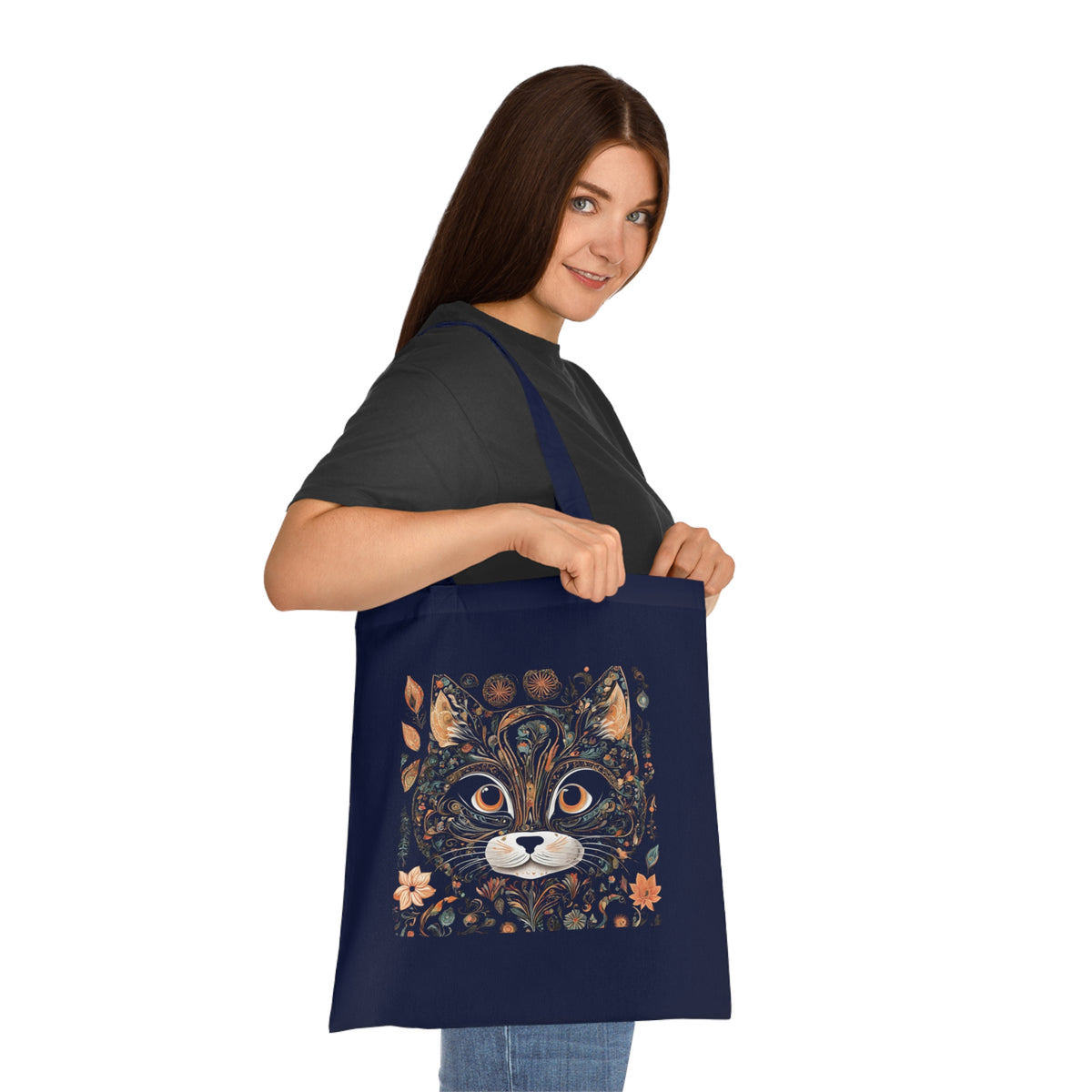 Cat tote bag in royal blue — angled view showing design depth and handle length