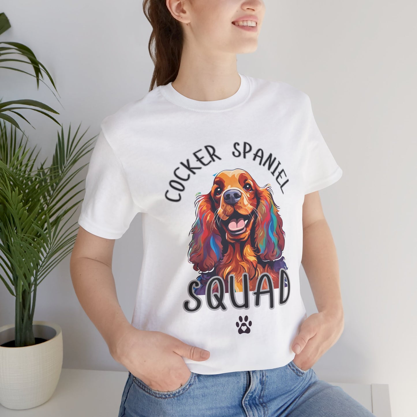 Cocker Spaniel Squad pop-art t-shirt in White worn by a model, front view