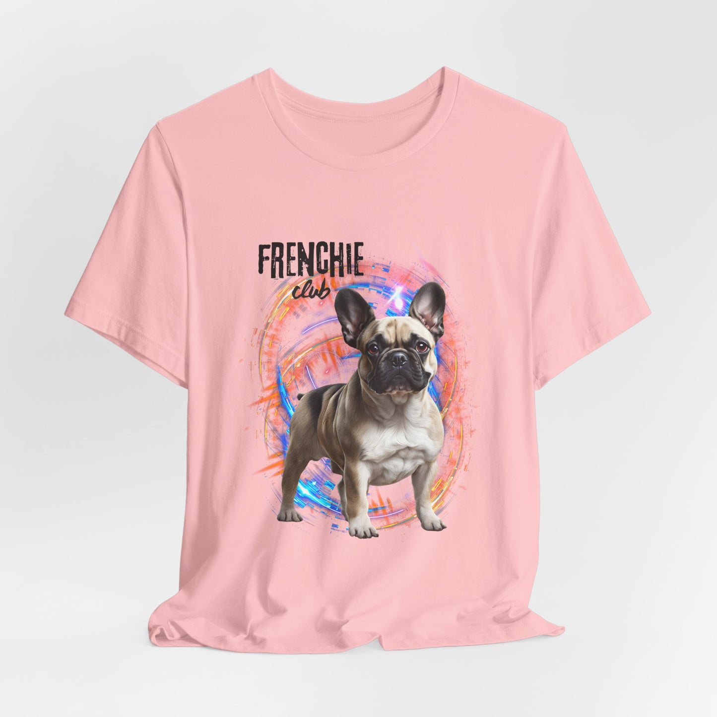 Join the Frenchie Club tee — Red colourway, model wearing bold Frenchie print tee