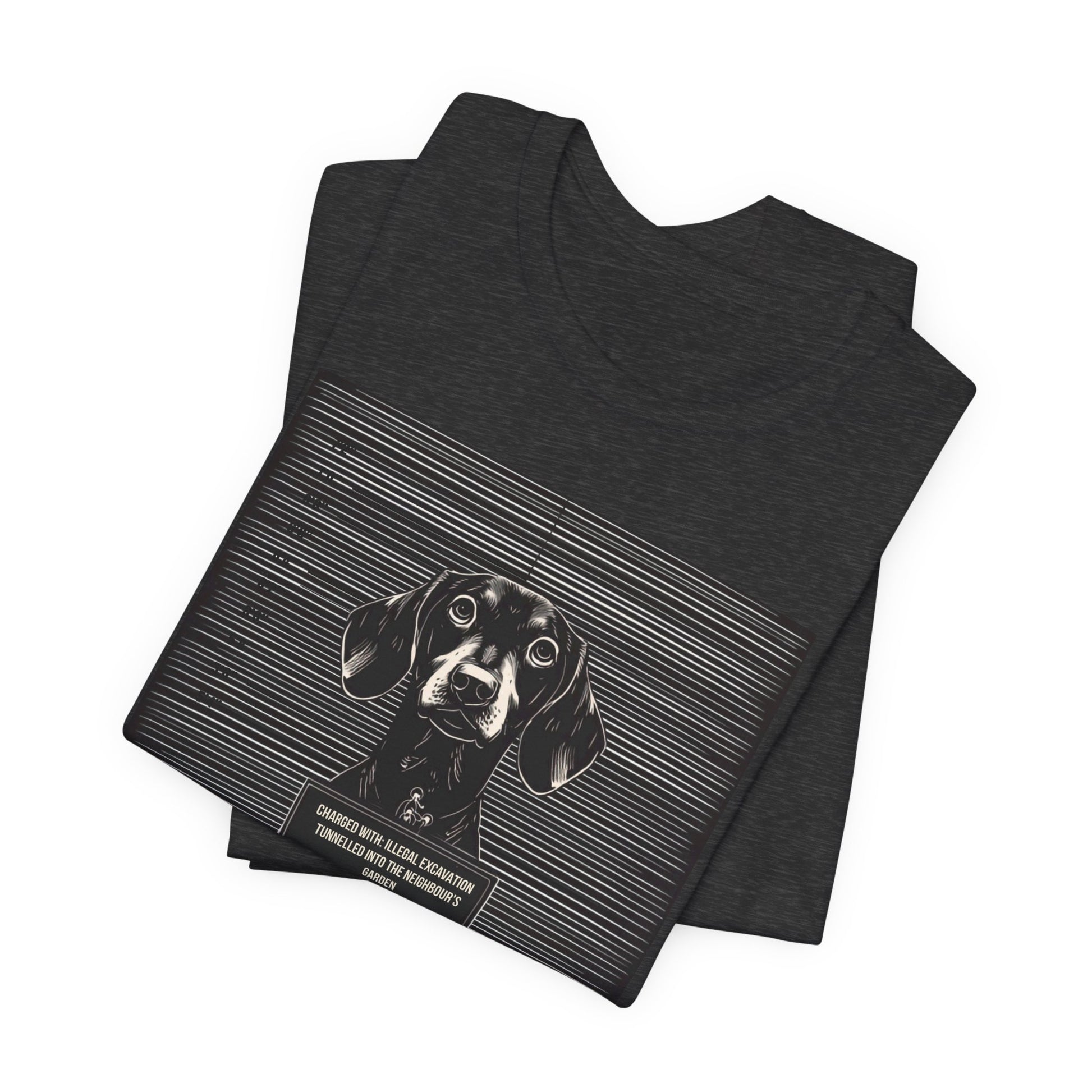 Model wearing the Dachshund True Crime Night Shift tee, front pose