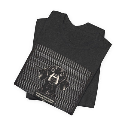 Model wearing the Dachshund True Crime Night Shift tee, front pose