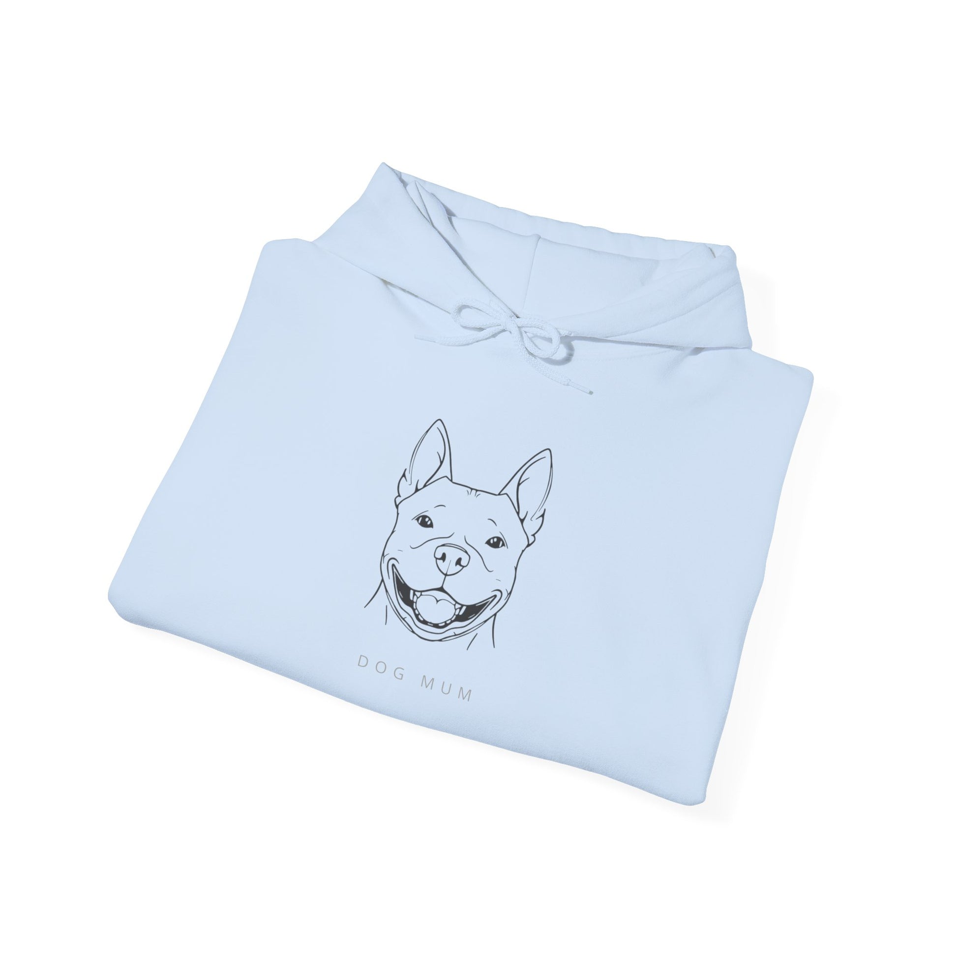 Staffie Dog Mum hoodie detail on light fabric