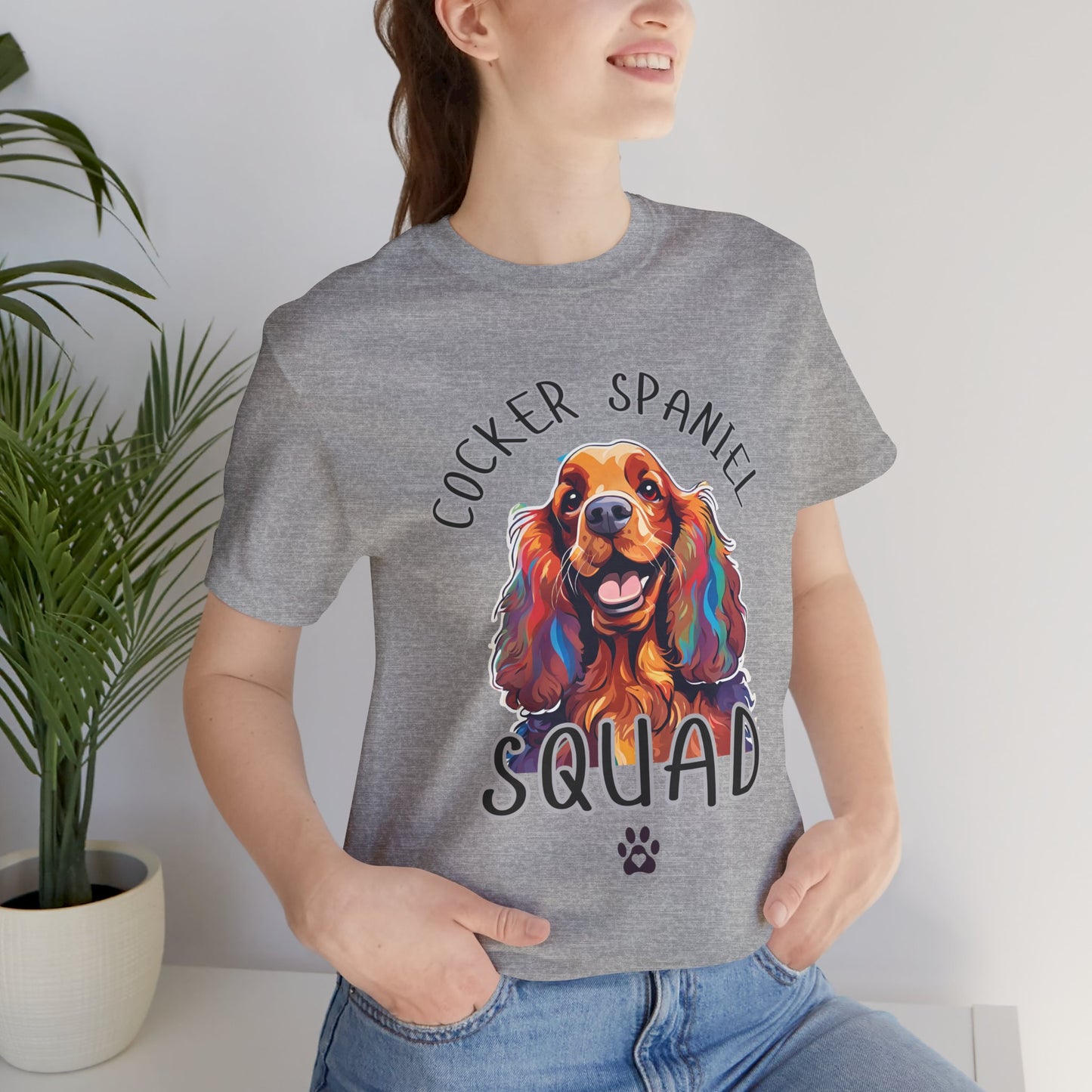 Cocker Spaniel Squad pop-art t-shirt in Athletic Heather worn by a model, front view