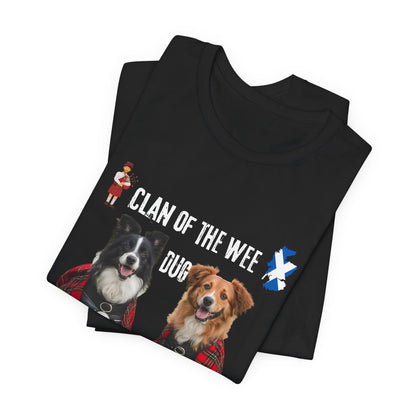 Clan of the Wee Dug navy t-shirt on model, funny dog slogan gift for Scottish dog owners XS to 4XL