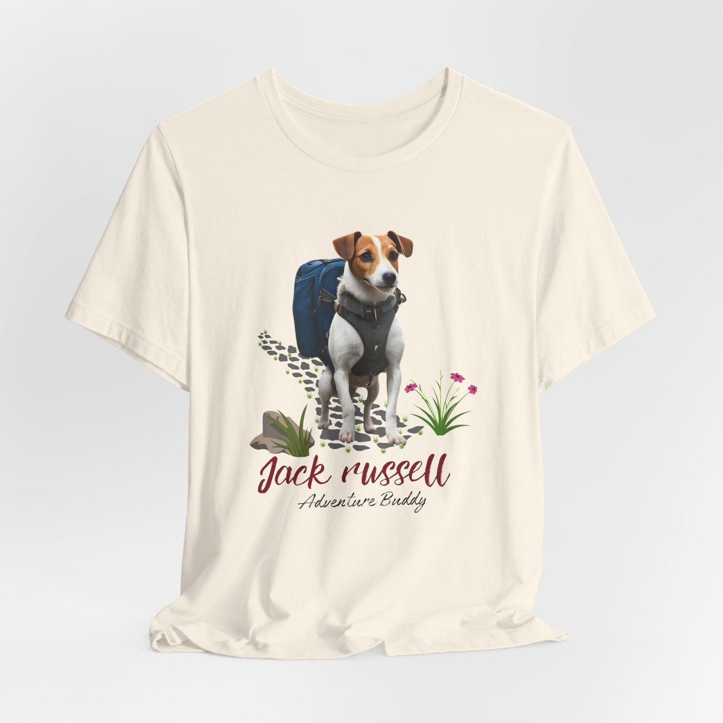 Natural Jack Russell hiking t-shirt draped flat showing Adventure Buddy print