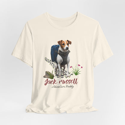 Natural Jack Russell hiking t-shirt draped flat showing Adventure Buddy print