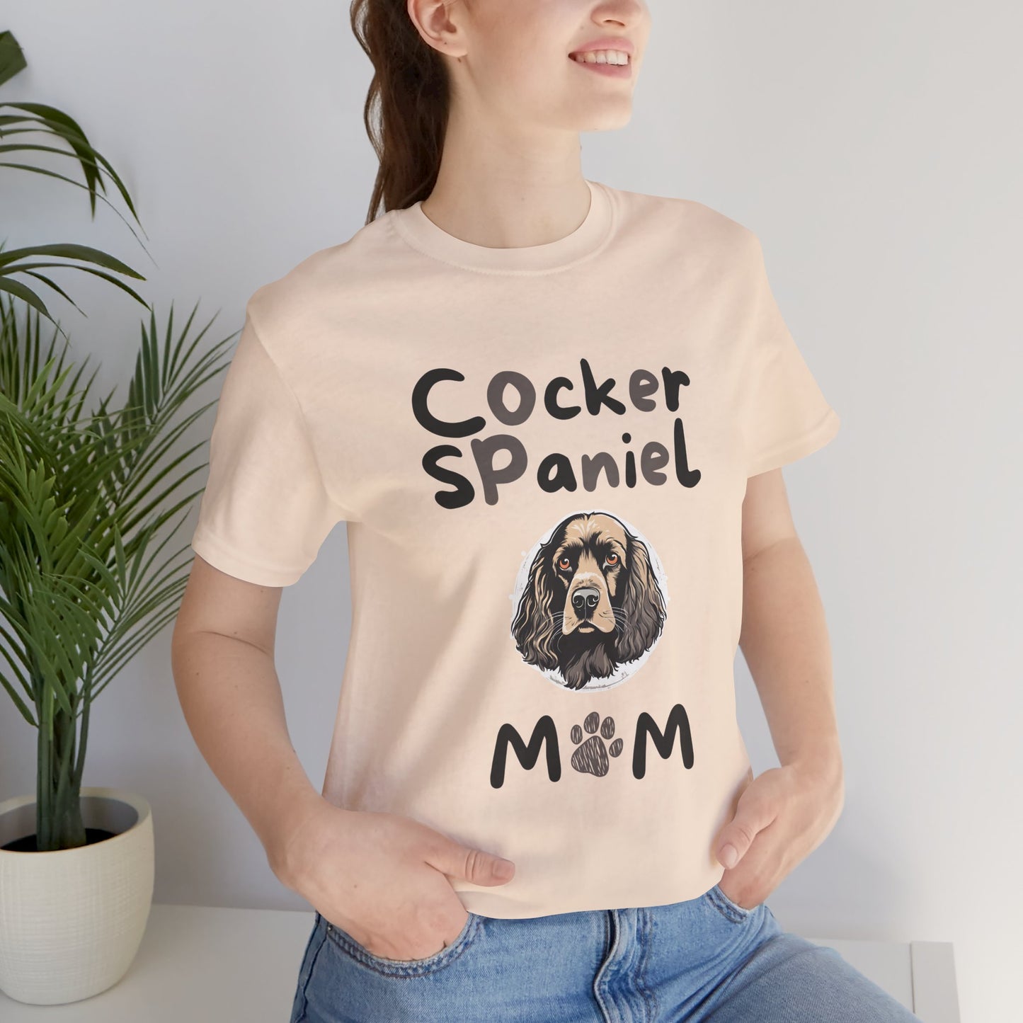 Cocker Spaniel Mum t-shirt in Soft Cream worn by a model, front view
