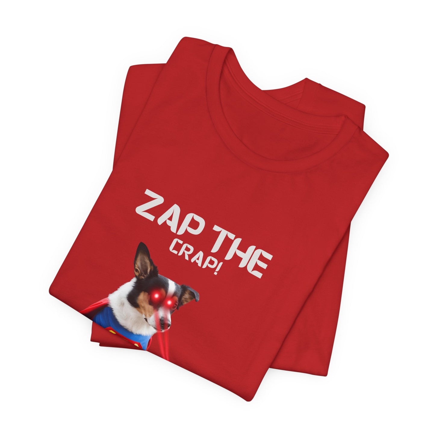 Laser Poo Edition dog t-shirt — Navy, close-up print detail, vivid dog laser design