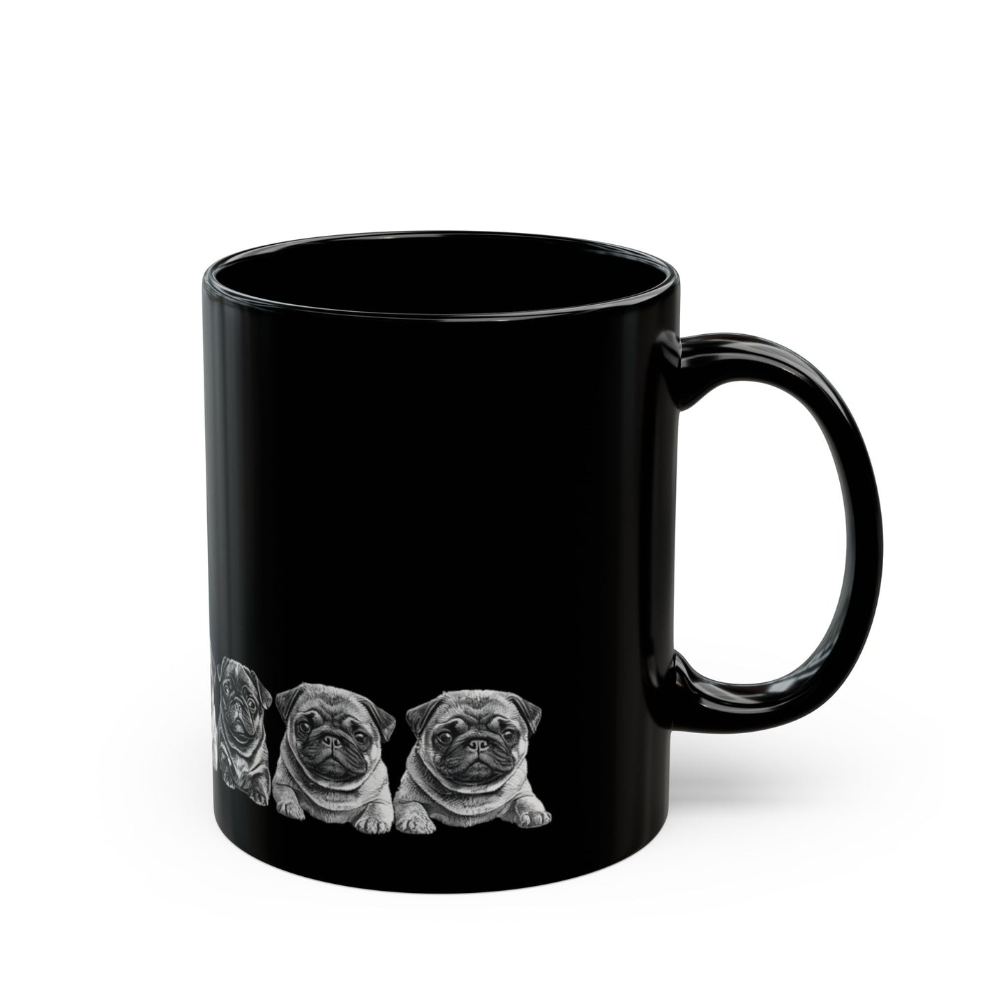 Pug Parade Black Ceramic Mug — 11oz & 15oz Cute Pug Lineup Coffee Cup