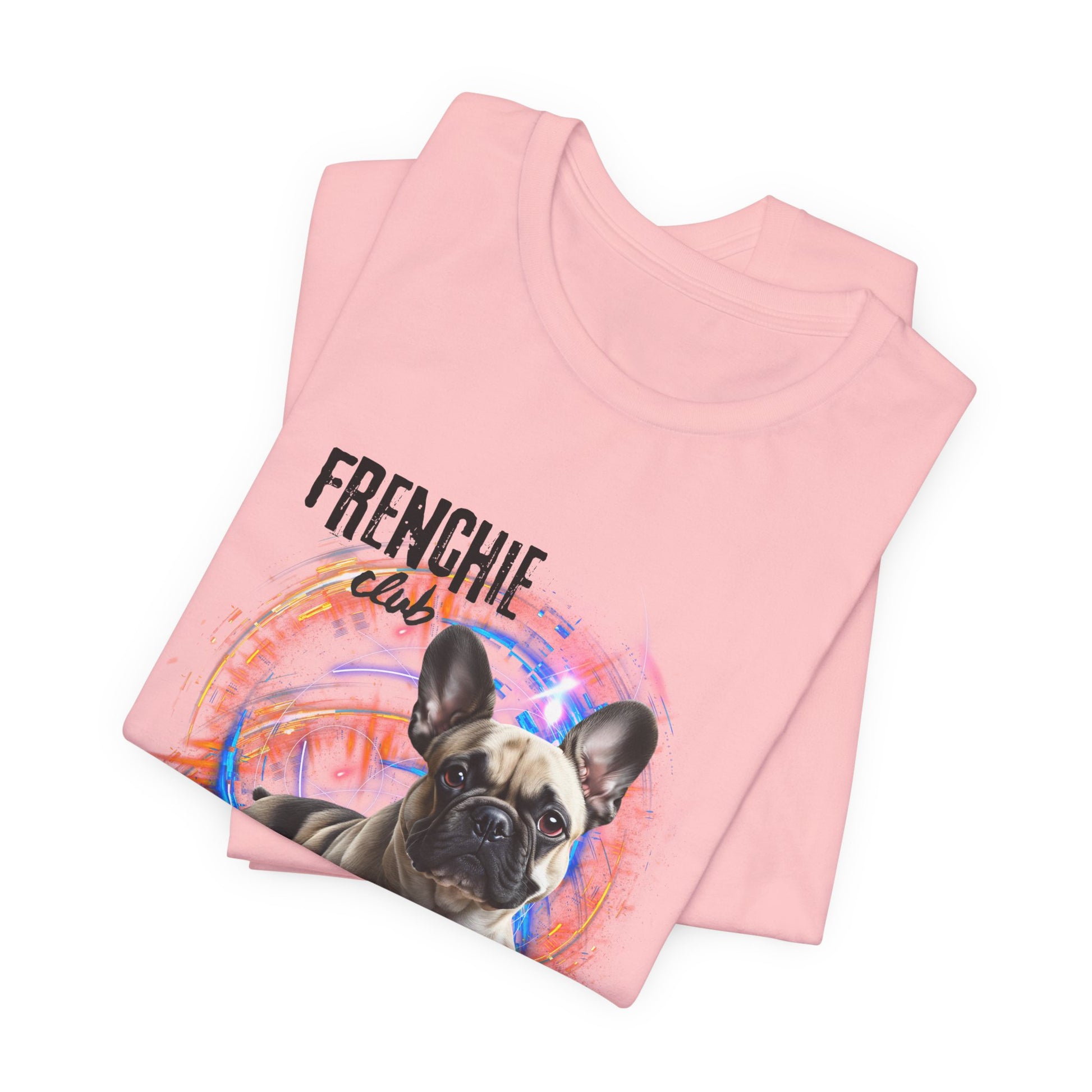 Join the Frenchie Club tee — Pink colourway, model wearing French Bulldog t-shirt