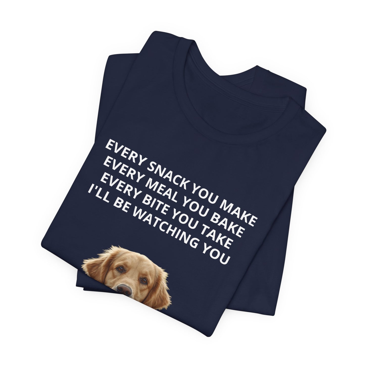 Personalized dog photo t-shirt in Navy, folded stack showing design corner