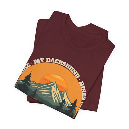 Black dachshund hiking t-shirt full front design