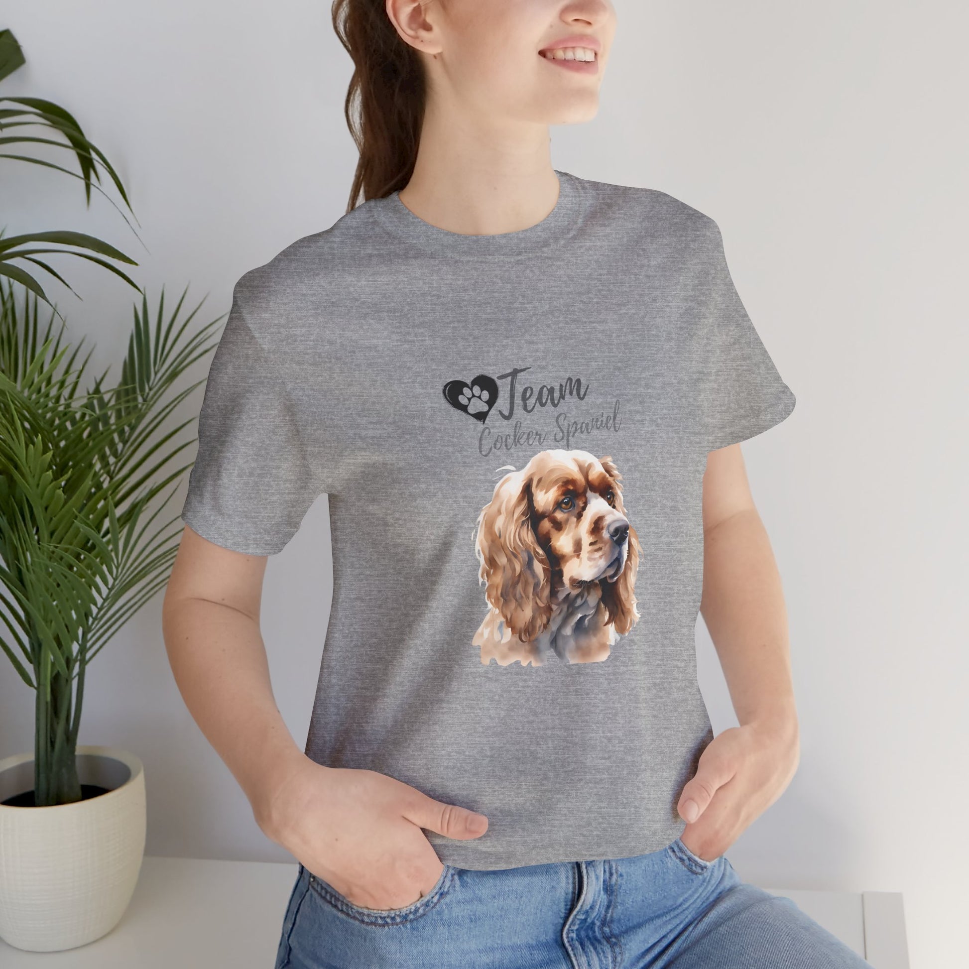 Team Cocker Spaniel watercolour t-shirt in Athletic Heather worn by a model, front view