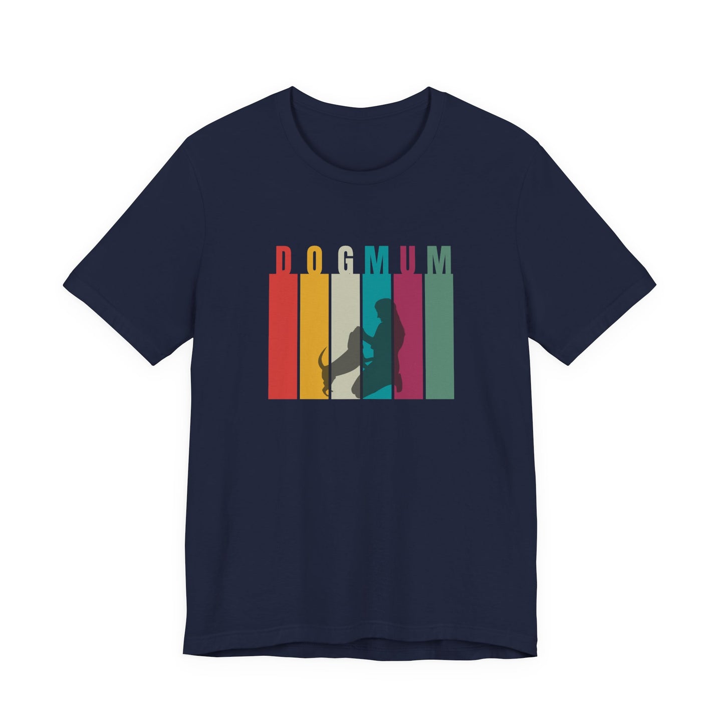Dog Mum T-Shirt in Navy — retro DOG MUM stripe design with woman and dog silhouette
