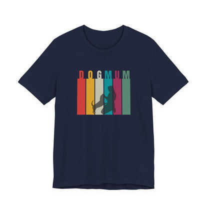 Dog Mum T-Shirt in Navy — retro DOG MUM stripe design with woman and dog silhouette