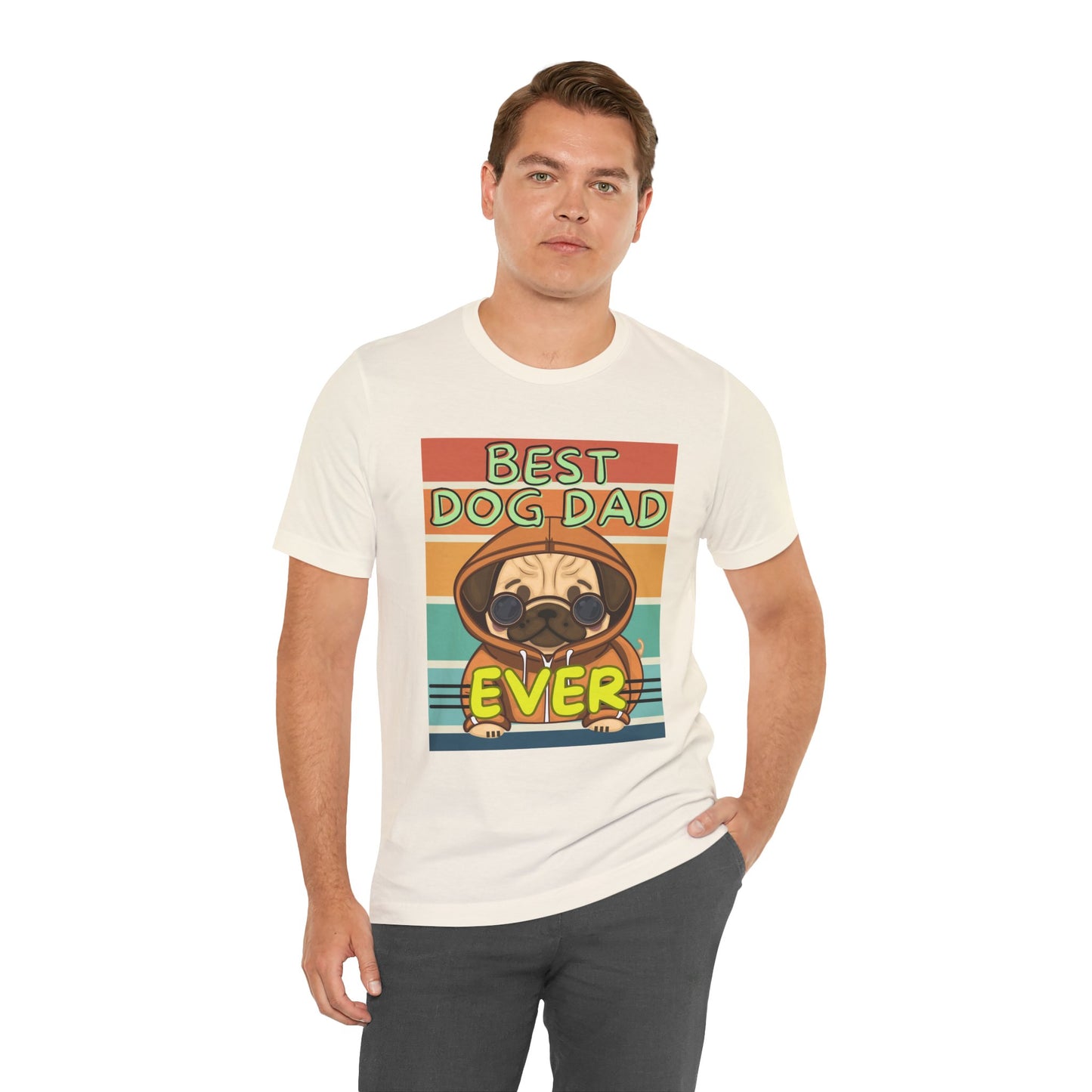 Best Dog Dad Ever T-Shirt — sunset stripe pug print close-up