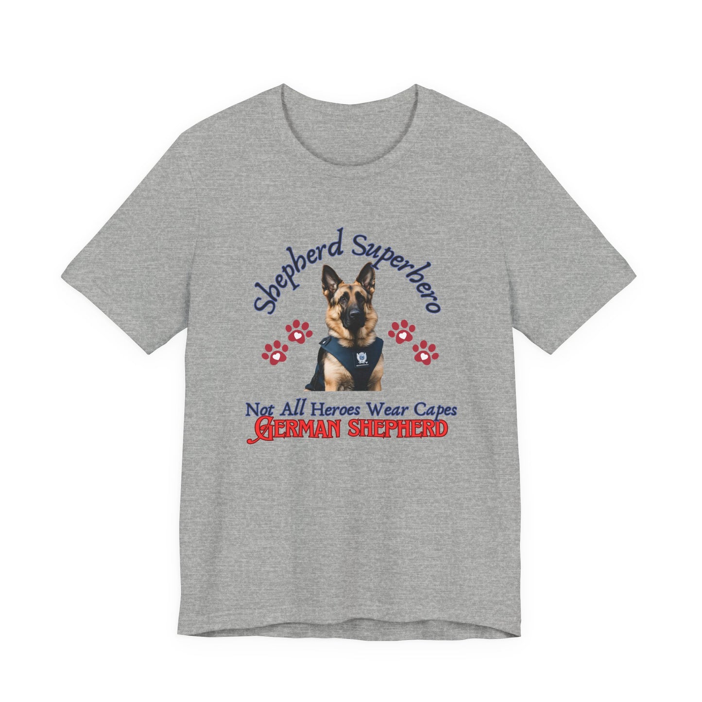 Shepherd Superhero German Shepherd t-shirt in Athletic Heather, flat lay front view