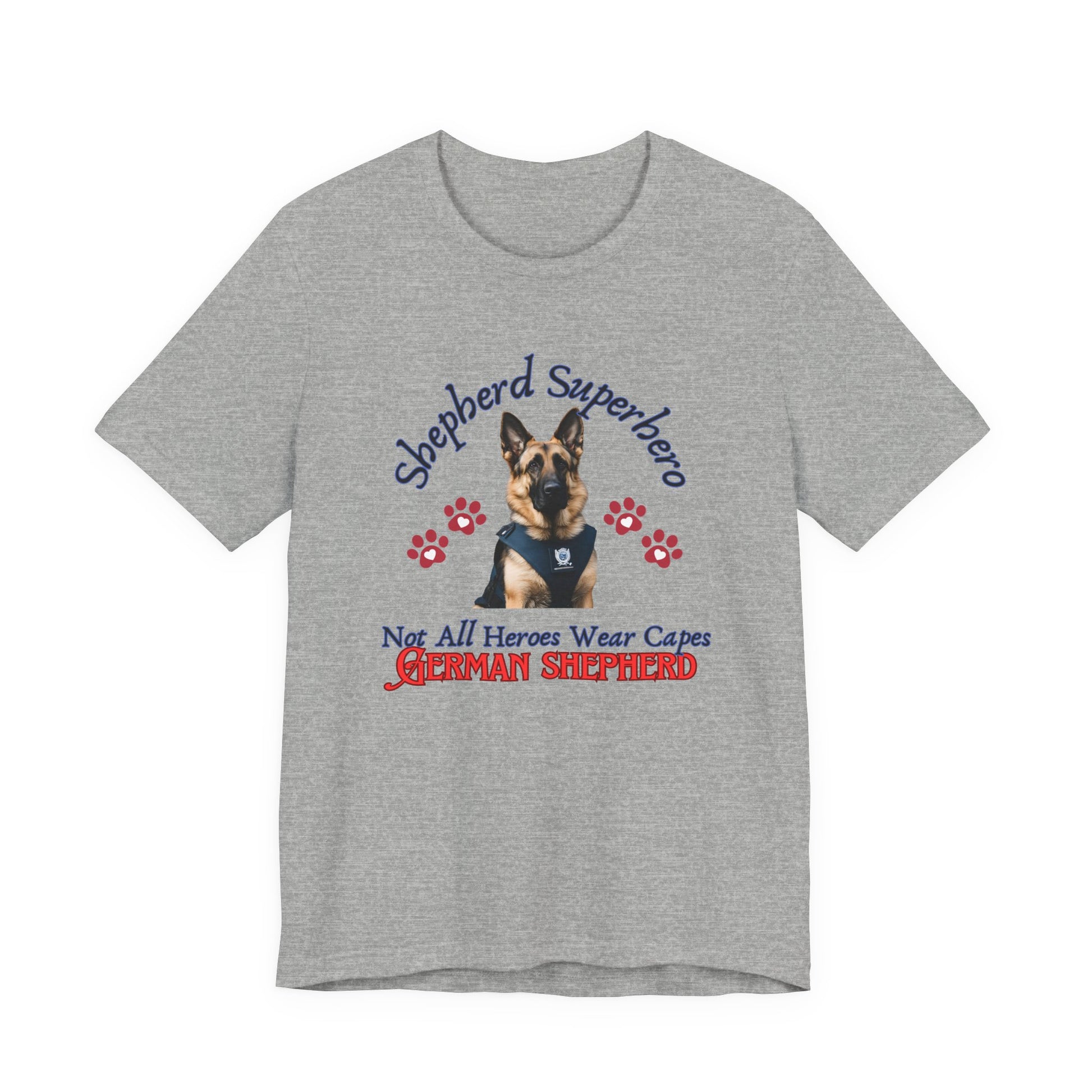 Shepherd Superhero German Shepherd t-shirt in Athletic Heather, flat lay front view