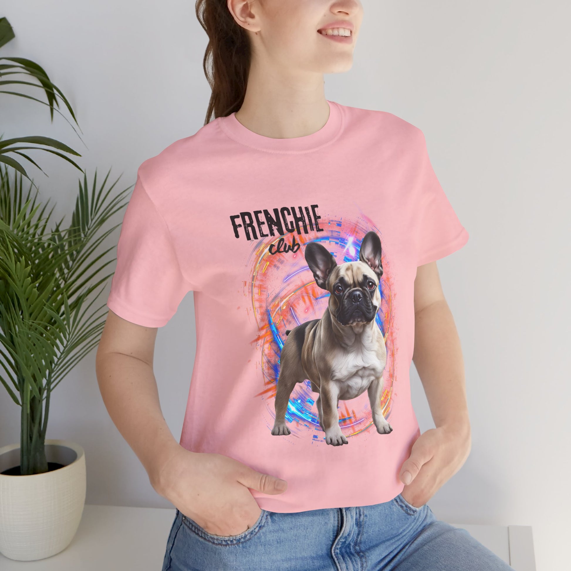 Join the Frenchie Club tee — White colourway, model wearing French Bulldog graphic t-shirt