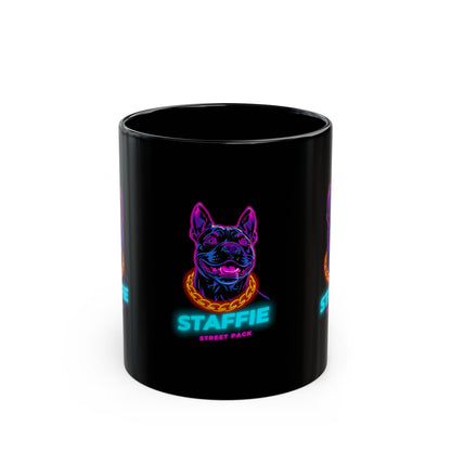 Staffie Neon Dog Black Mug — Retro Street Pack Coffee Cup (11oz/15oz)