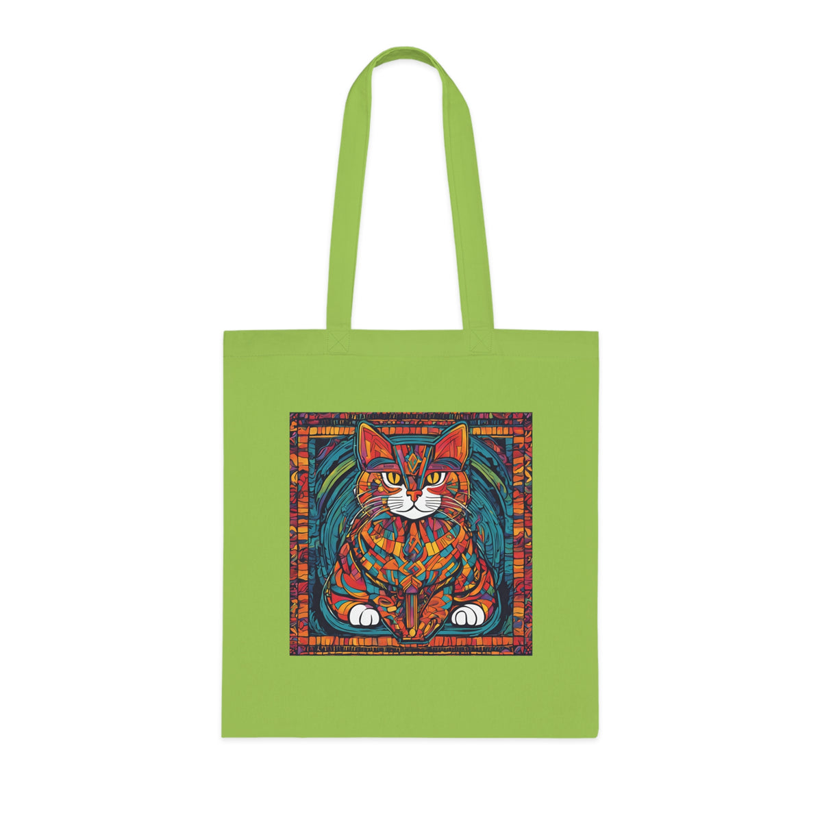 Cat tote bag in white showing stained glass cat print at its most vivid — jewel tones on bright cotton background