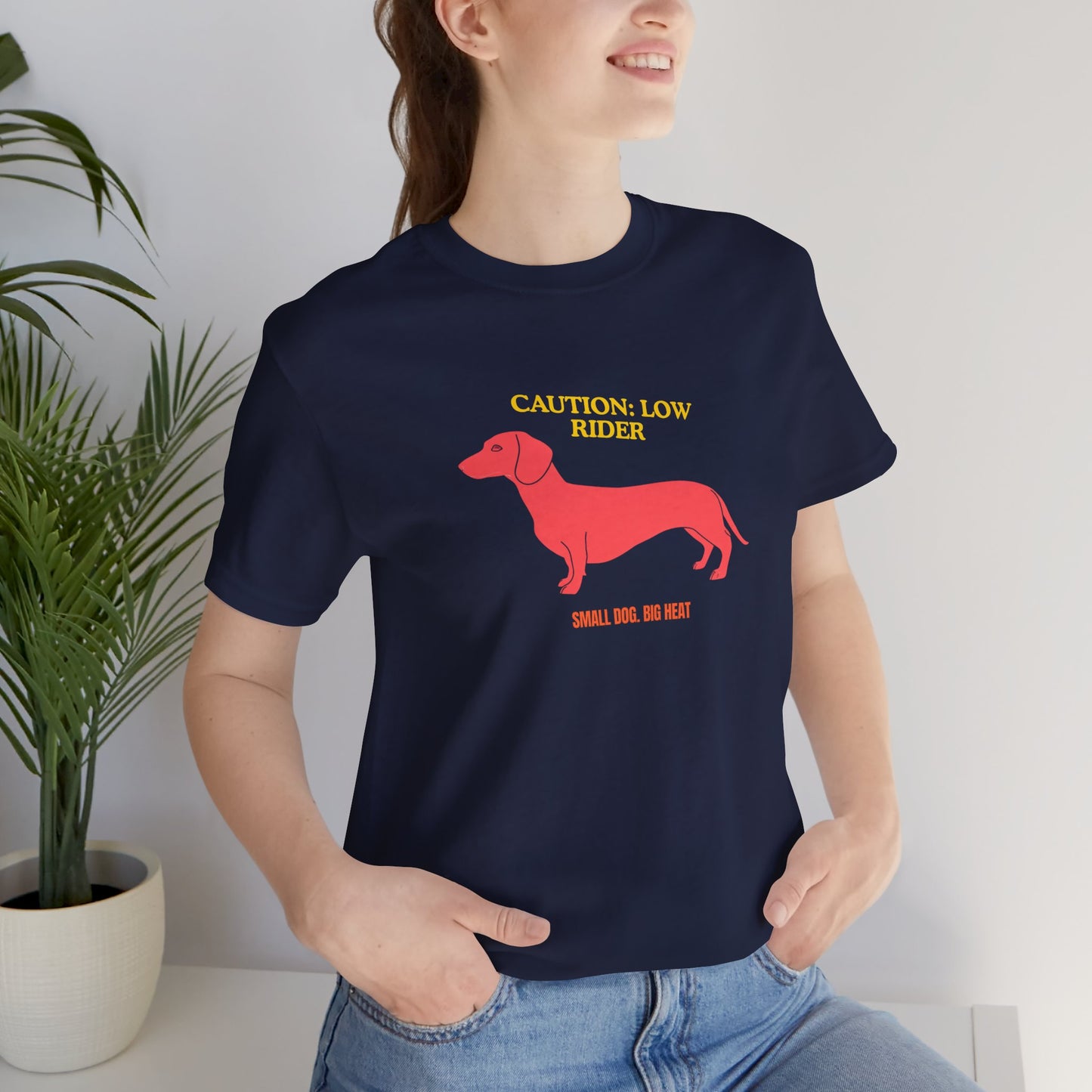 Dachshund T‑Shirt — "Caution: Low Rider" Small Dog Big Heat Tee — SniffWaggleNWalk™
