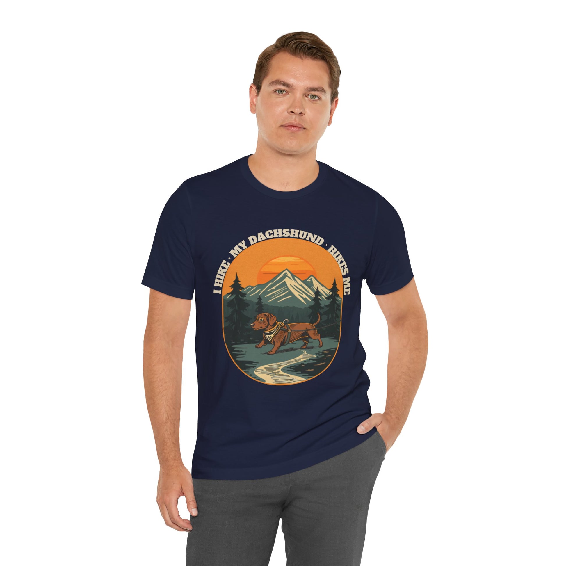 Navy I Hike My Dachshund Hikes Me retro mountain tee