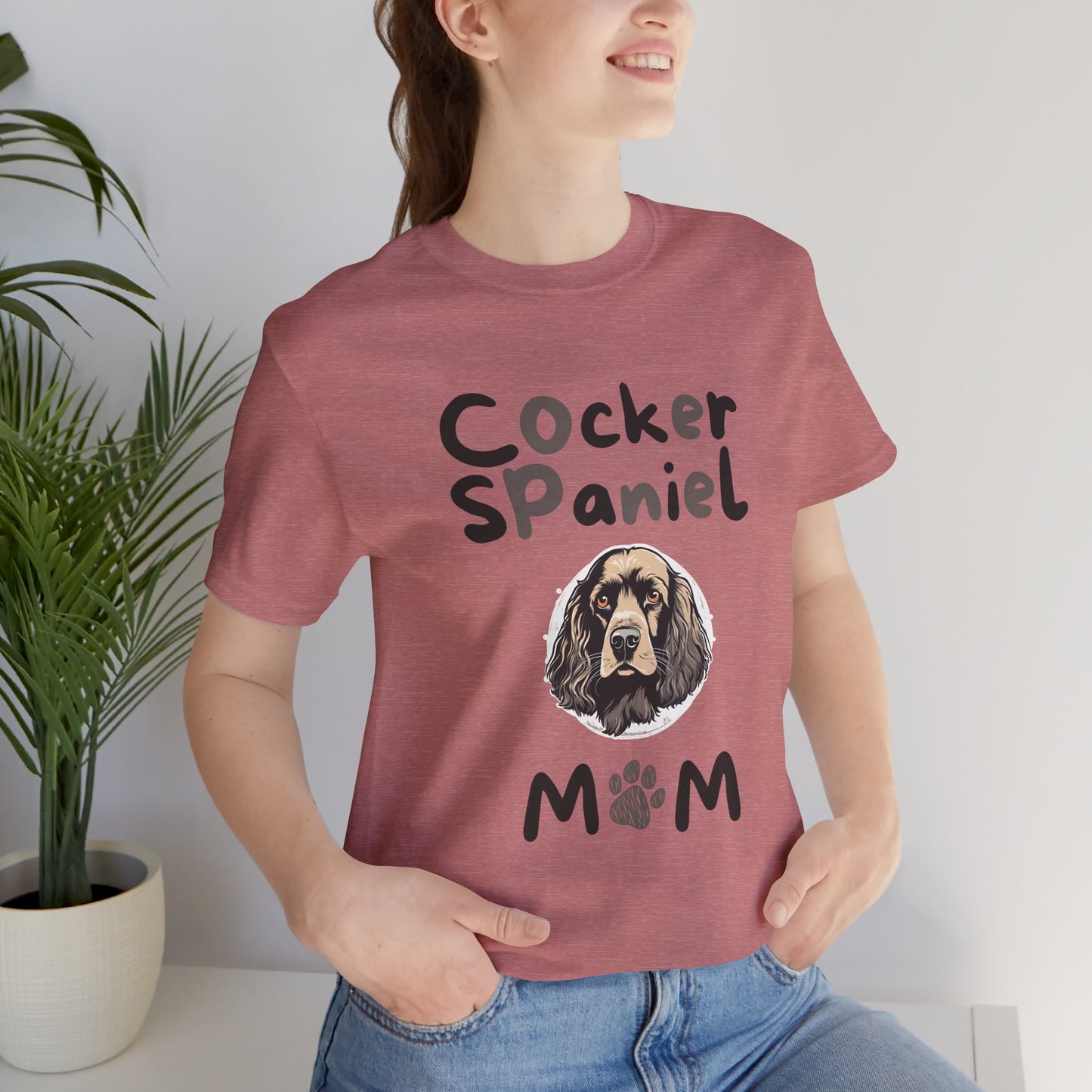 Cocker Spaniel Mum t-shirt in Heather Mauve worn by a model, front view