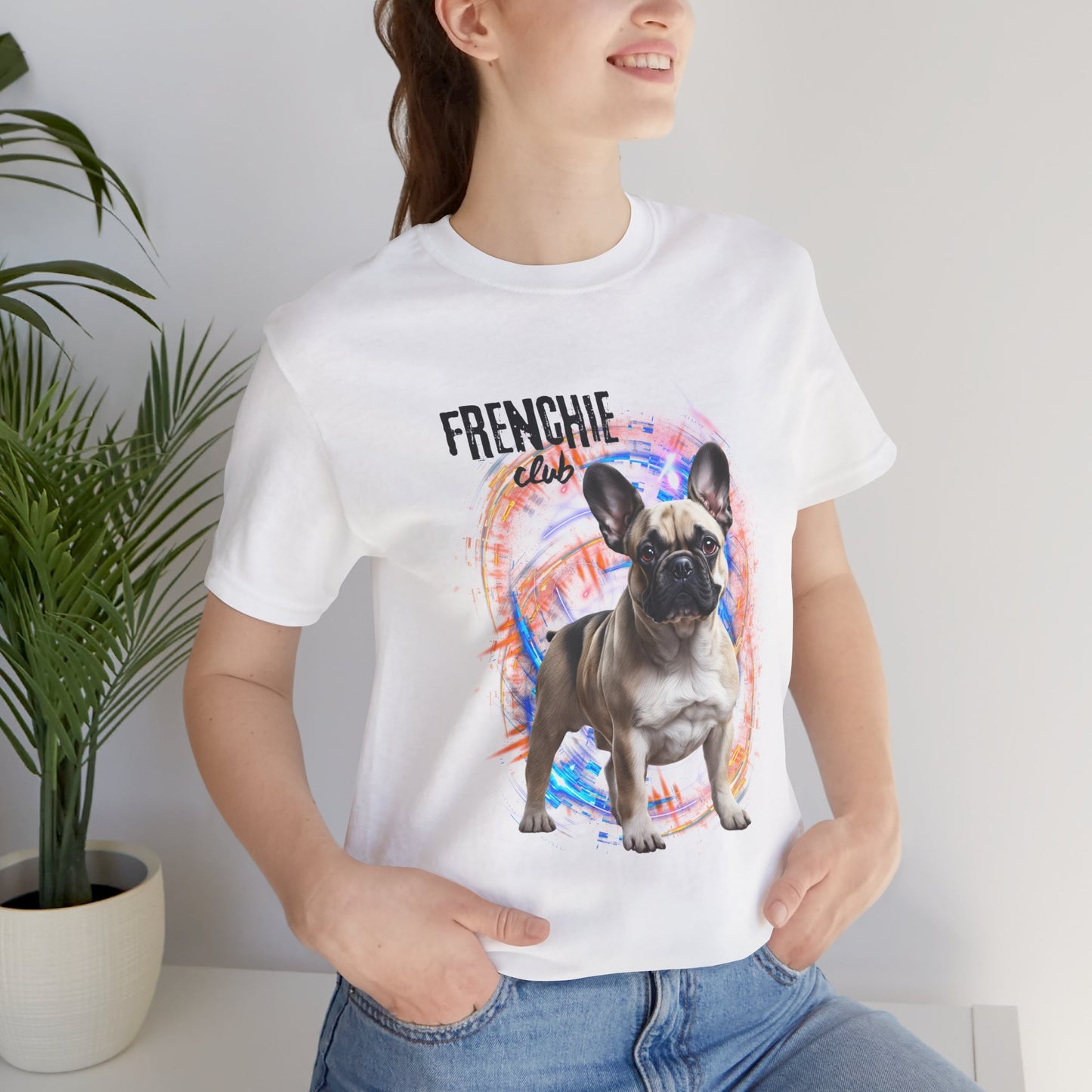 Join the Frenchie Club t-shirt in Natural — French Bulldog graphic tee, Bella+Canvas 3001, SniffWaggleNWalk™