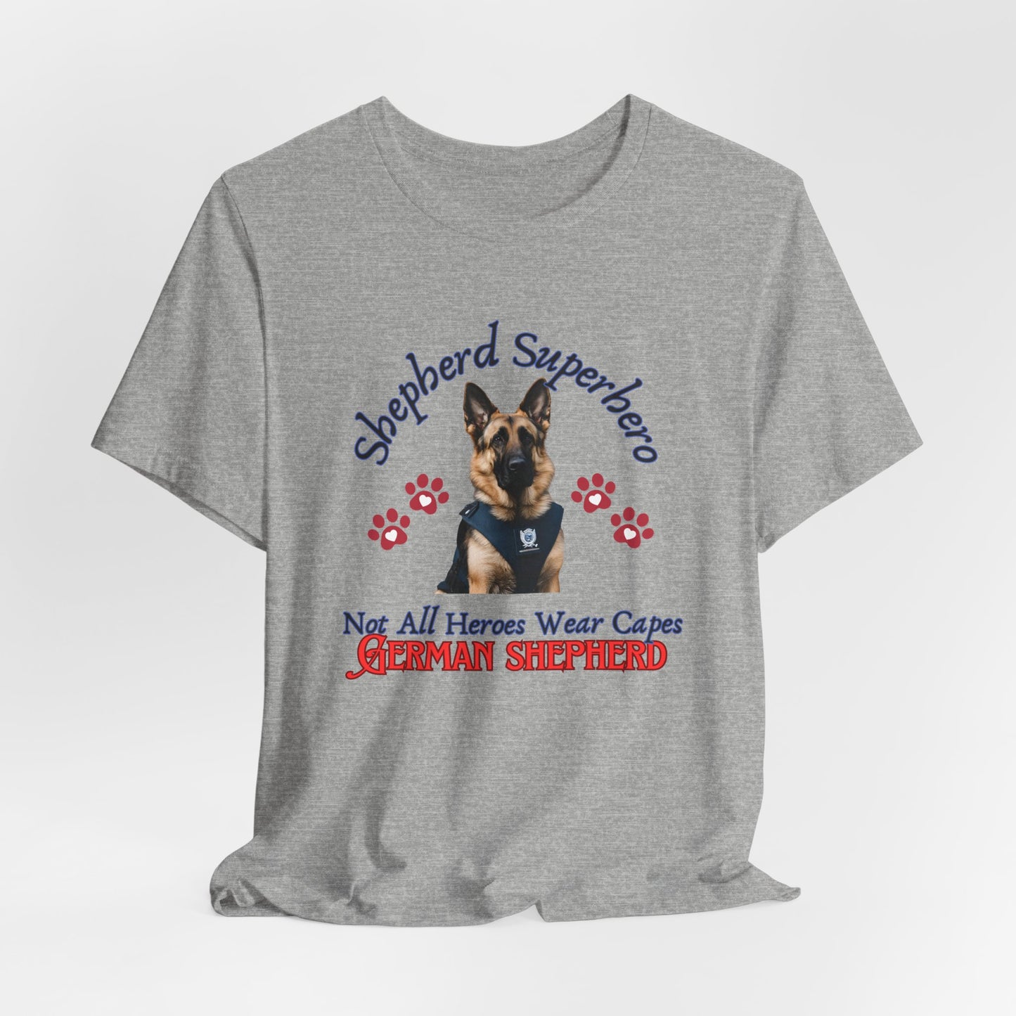Shepherd Superhero German Shepherd t-shirt in Athletic Heather, hanging front view