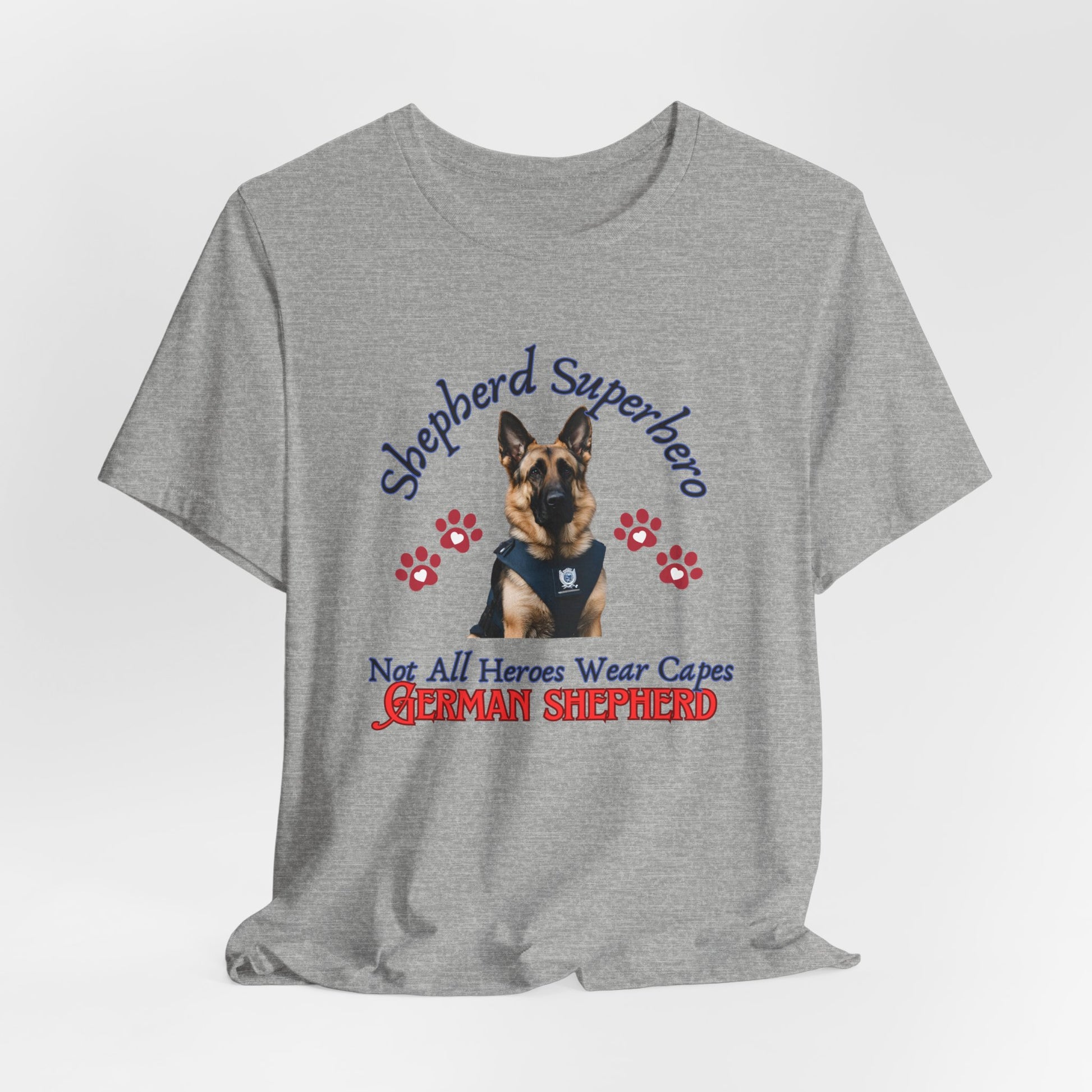 Shepherd Superhero German Shepherd t-shirt in Athletic Heather, hanging front view