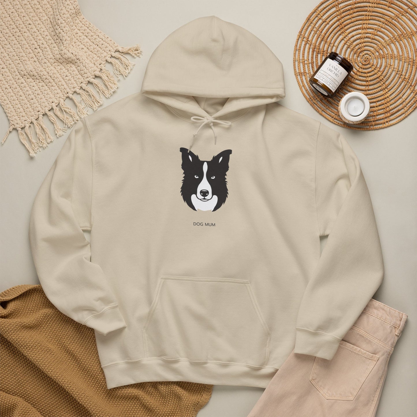 Border Collie Dog Mum hoodie lifestyle shot, light colour