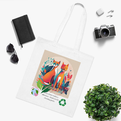 Cotton Tote Bag - Cat Bio-phism Design - 'Happy Shopping' Eco-Friendly Thank You Message-Sniffwaggleandwalk™