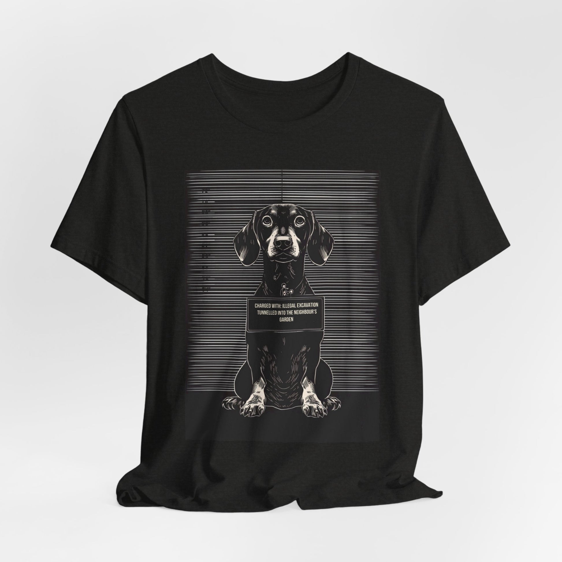 Black Heather colourway of the Dachshund True Crime Night Shift t-shirt, back view
