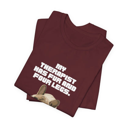 My Therapist Has Fur and Four Legs t-shirt size and fit reference image