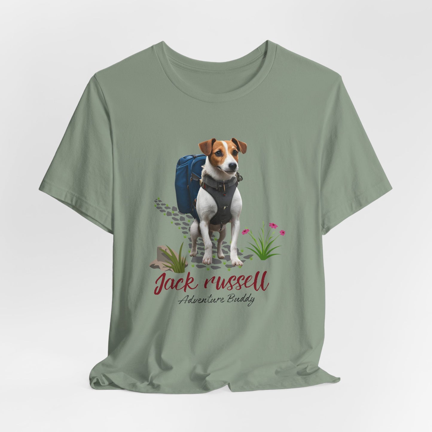 Sage green Jack Russell Adventure Buddy graphic tee flat front view with backpack dog design