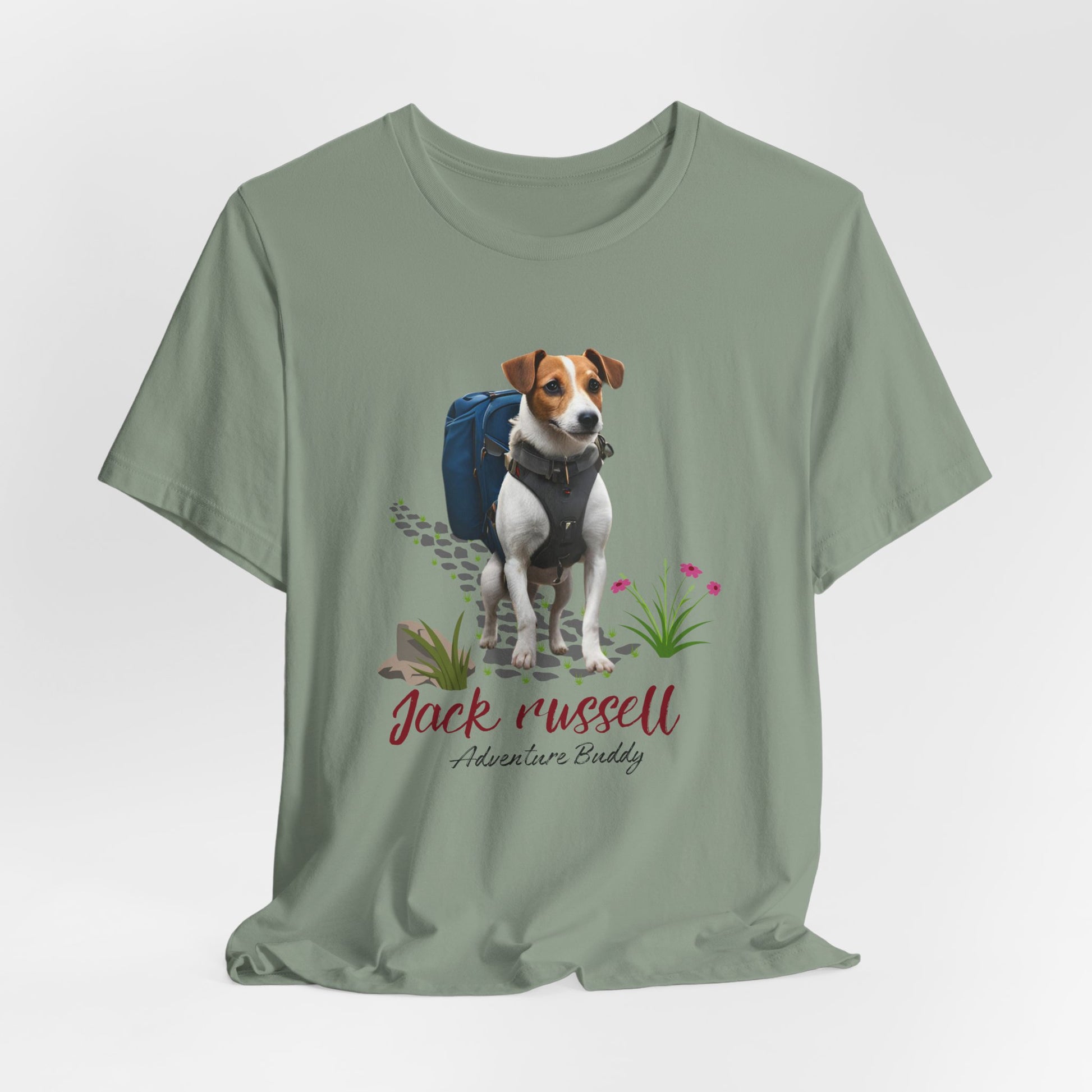 Sage green Jack Russell Adventure Buddy graphic tee flat front view with backpack dog design