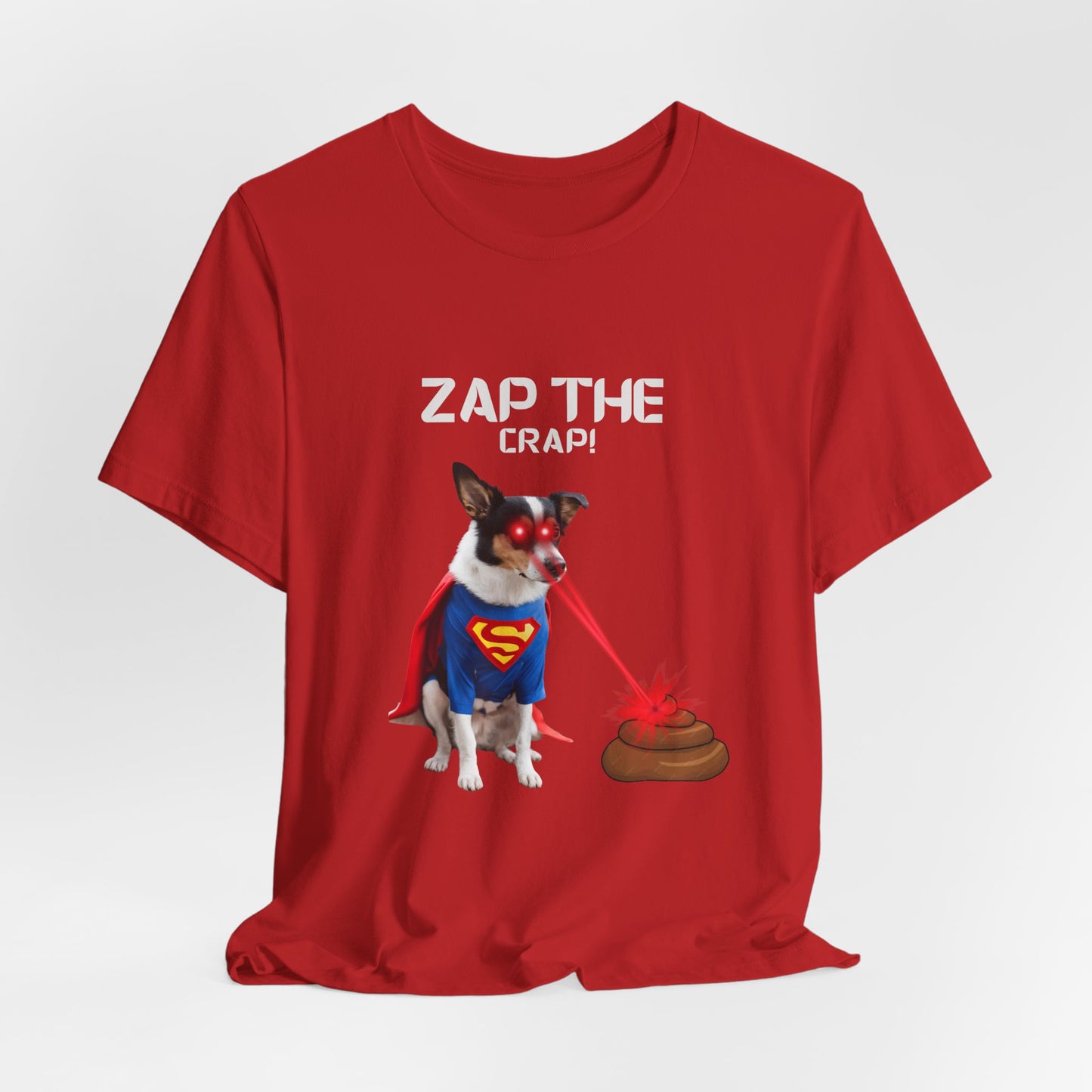 Laser Poo Edition t-shirt — Red, close-up graphic detail, humorous gift for dog dads and dog mums