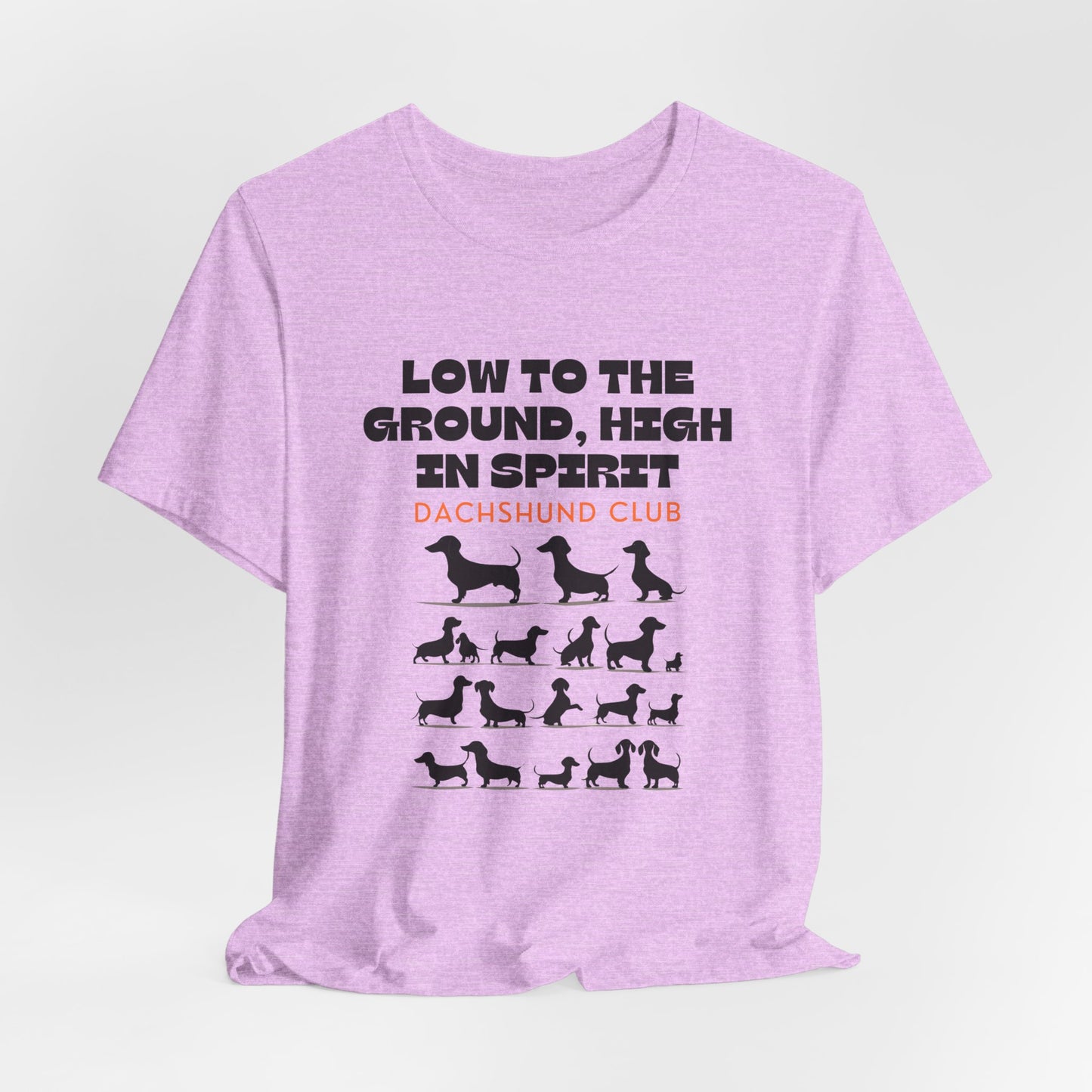 Heather Prism Lilac Dachshund Club graphic tee draped flat showing Low to the Ground print