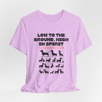 Heather Prism Lilac Dachshund Club graphic tee draped flat showing Low to the Ground print