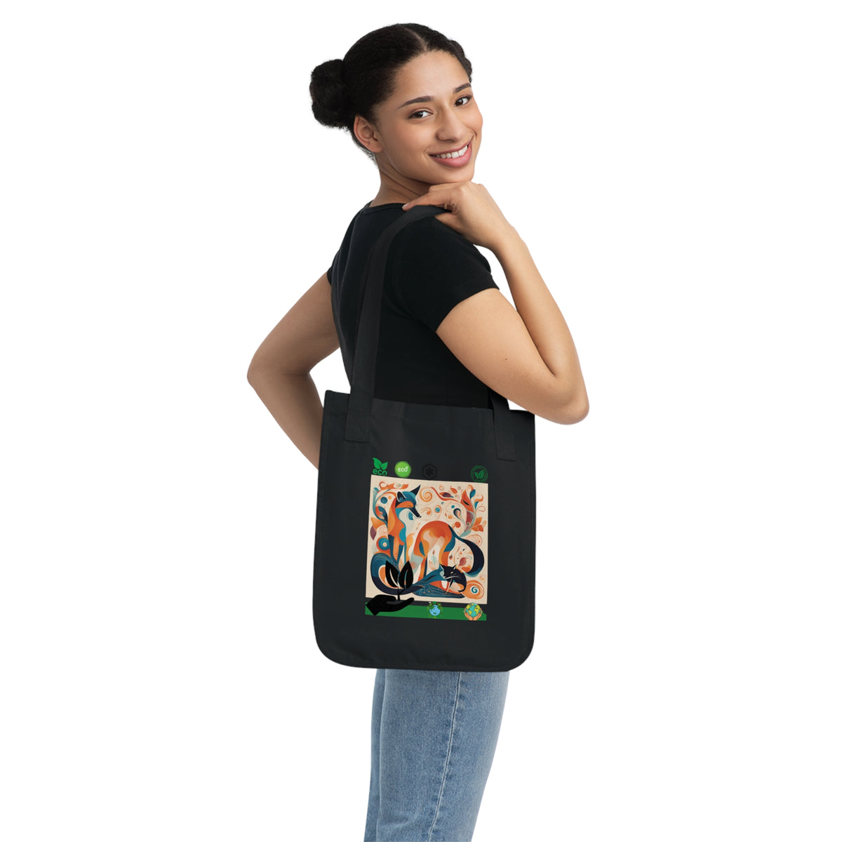 Organic cotton forest dog art tote — close-up of woodland illustration and fabric texture