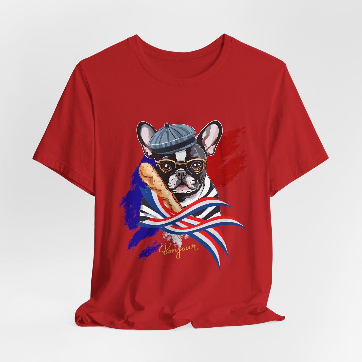 French Bulldog with Baguette T-Shirt in Red — cropped model shot highlighting Frenchie baguette artwork — SniffWaggleNWalk™