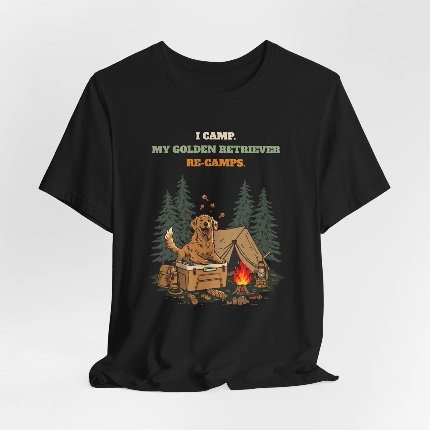 Golden Retriever camping tee folded flat lay