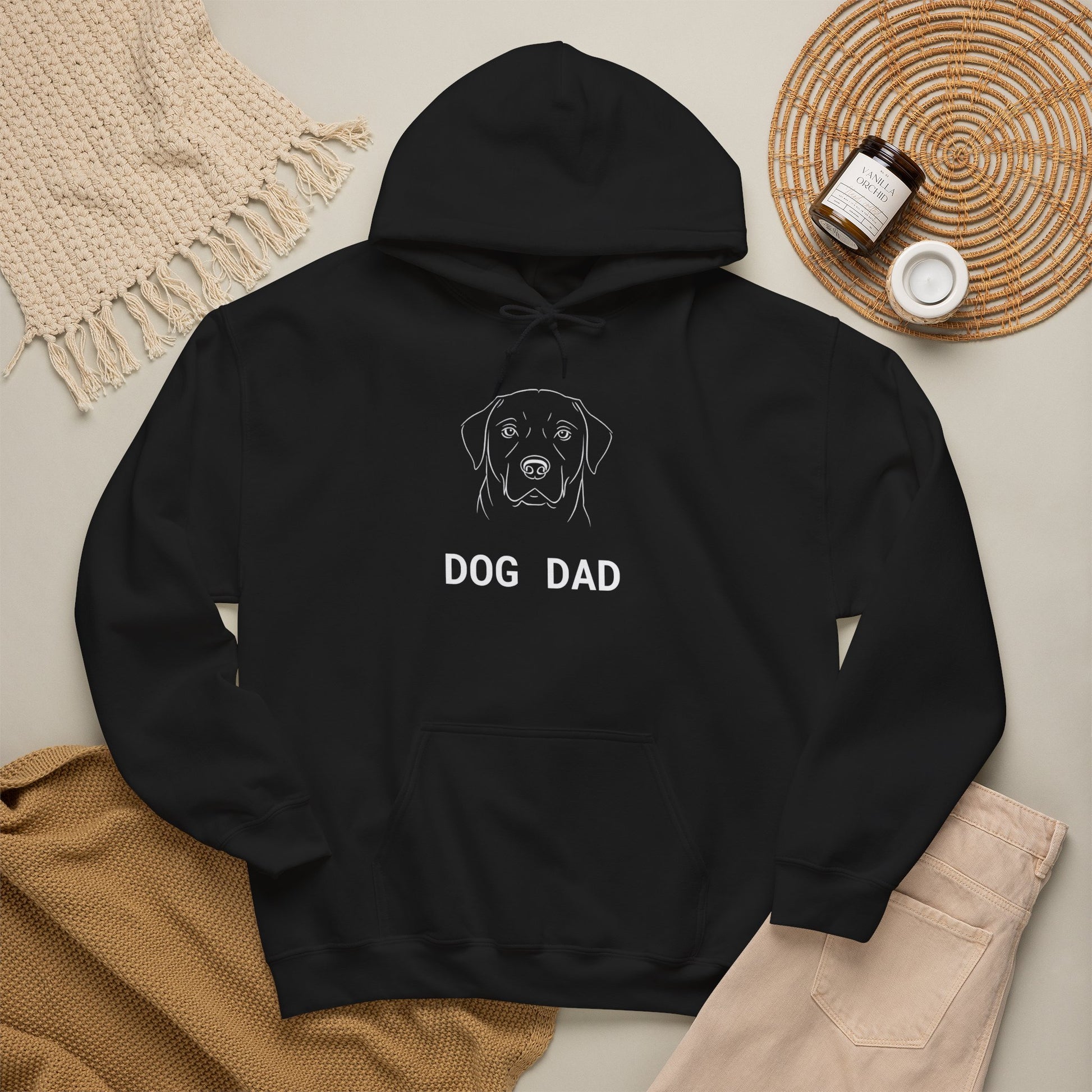 Labrador Dog Dad hoodie in black with white line-art Labrador and DOG DAD text