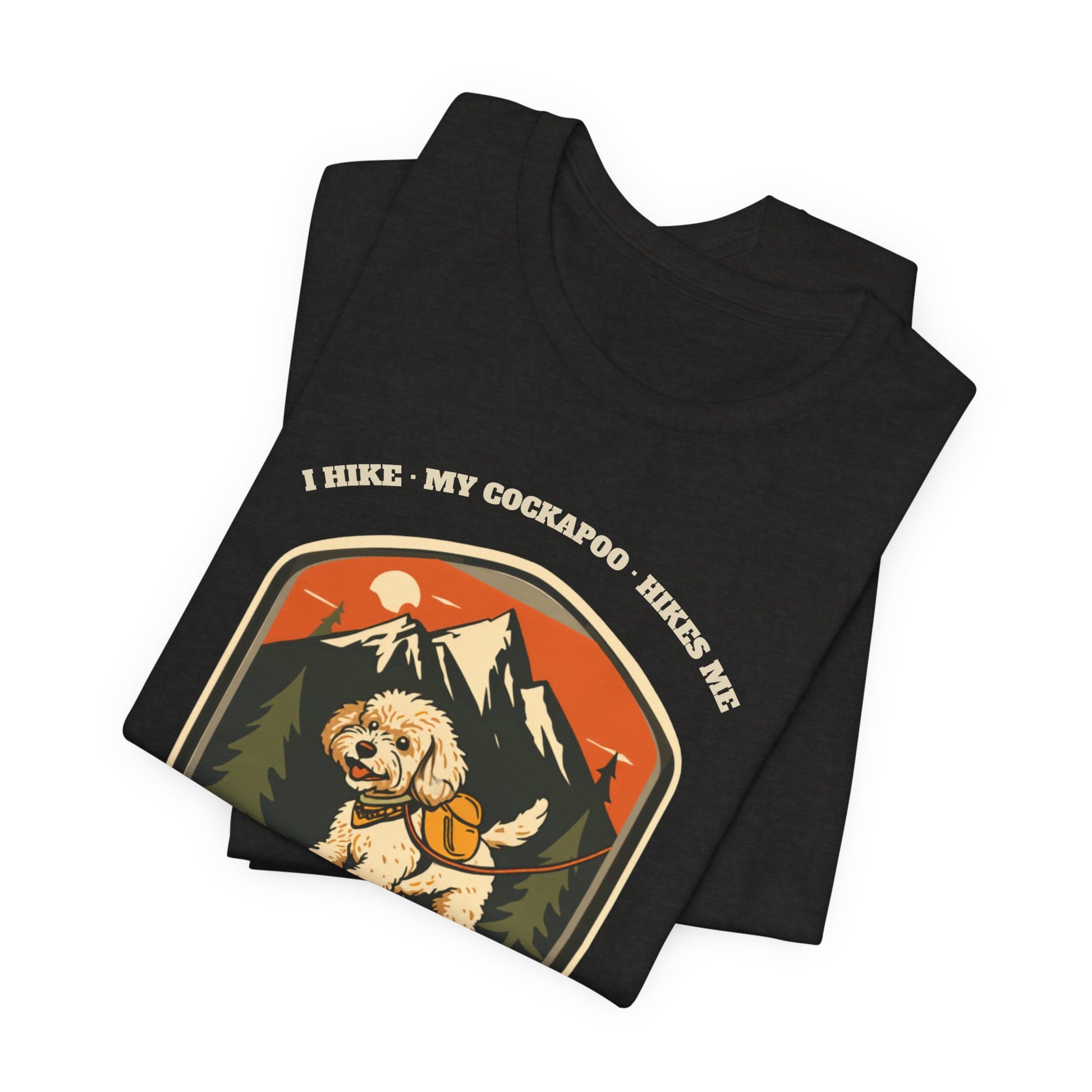 Black heather funny cockapoo hiking t-shirt detail