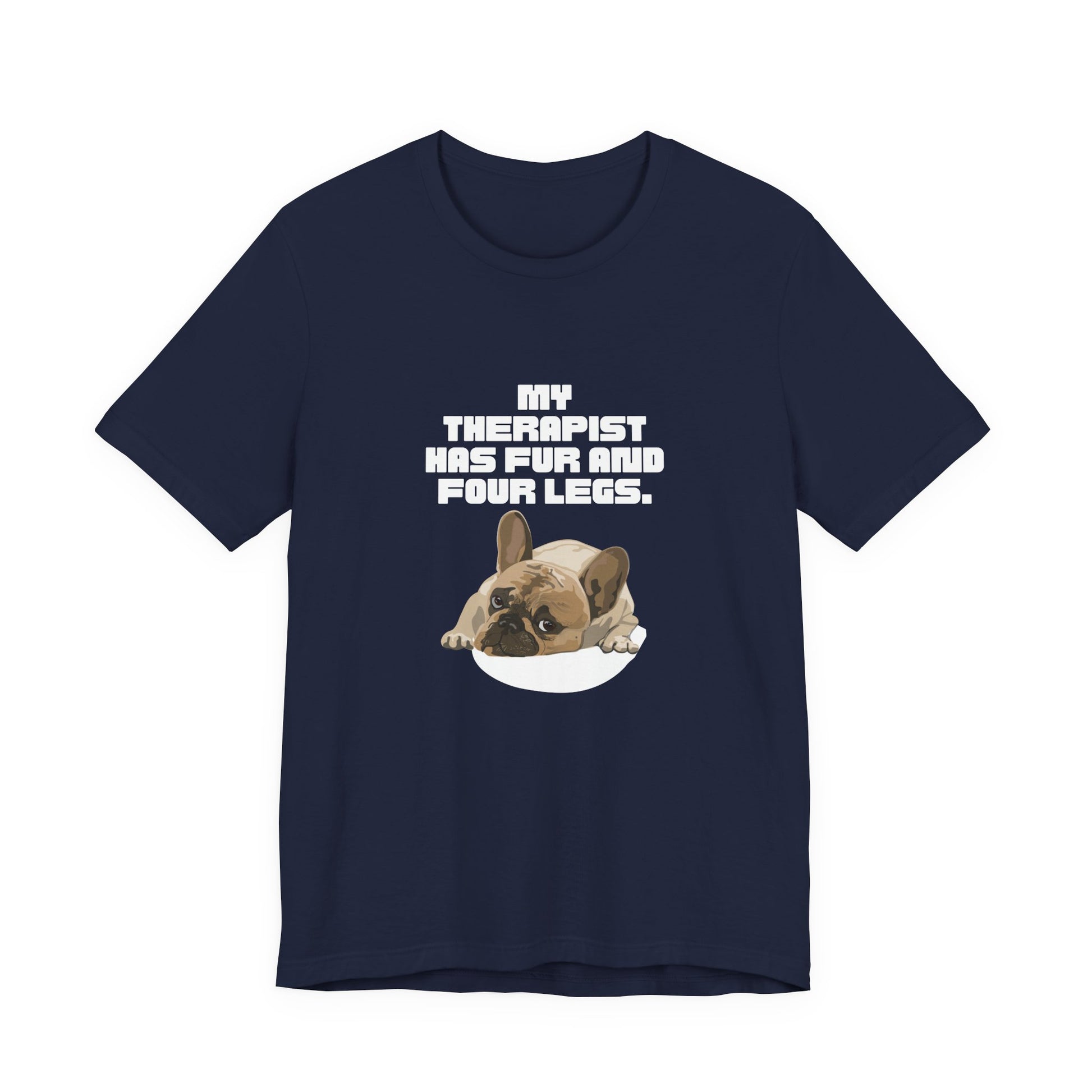 My Therapist Has Fur and Four Legs t-shirt in Dark Grey Heather, front view