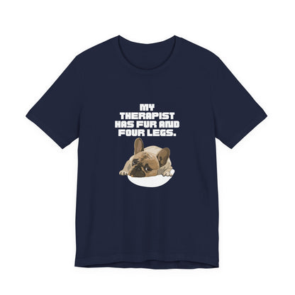 My Therapist Has Fur and Four Legs t-shirt in Dark Grey Heather, front view