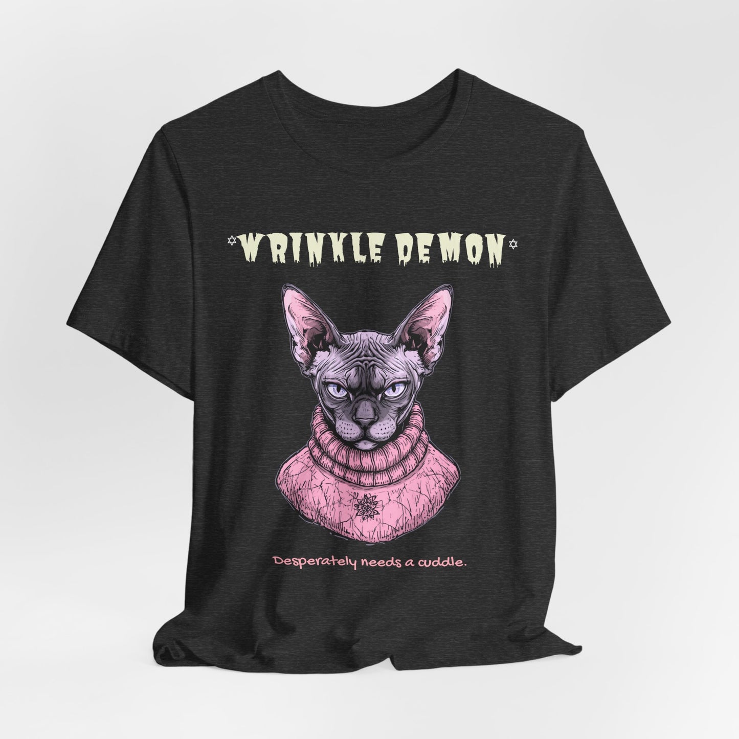 Wrinkly Demon Sphynx Cat Tee — “desperately needs a cuddle.” Graphic Cat T-Shirt